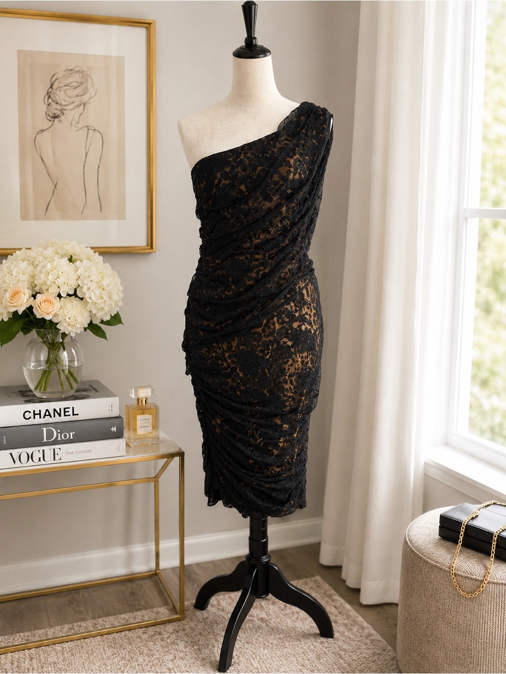 Tadashi Shoji Black Lace One Shoulder Animal Print Lined Cocktail Dress Size 12
